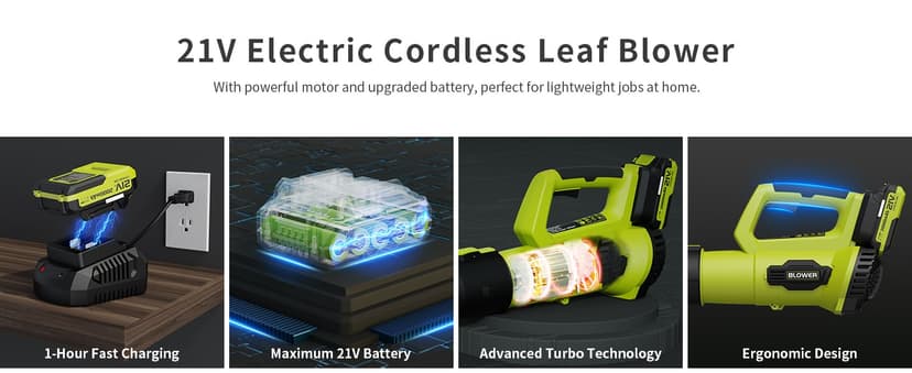 Leaf Blower, 21V Cordless Electric Blower with 2 2.0Ah Batteries and 1 Hour Fast Charger, Lightweight Leaf Blower for Patio Cleaning, Lawn Care, Blowing Fallen Leaves and Dust, etc.