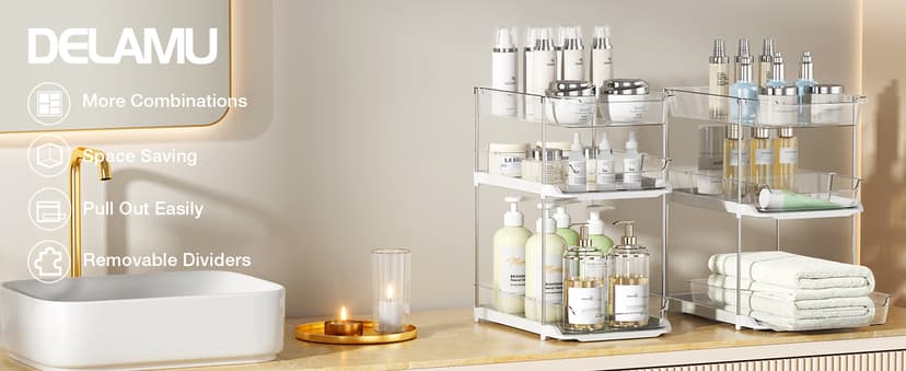 Delamu 2 Sets of 3-Tier Bathroom Under Sink Organizers and Storage, Multi-Purpose Stackable Pantry Organization and Storage, Pull Out Clear Kitchen Bathroom Cabinet Organizer with Movable Dividers