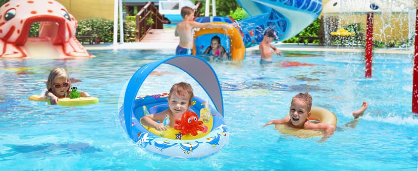 EZIGO Baby Pool Float with Canopy UPF50+ Sun Protection, Inflatable Kids Pool Floats with Ocean Animal Toys for Baby 6-36 Months, Infant Swimming Float with Adjustable Safety Seat for Boys Girls