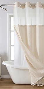 No Hooks Polyester Textured Shower Curtain with Snap-in Fabric Liner Set, Hotel Luxury Decor Shower Curtains for Bathroom with See Through Top Window, Waterproof & Washable, 71Wx74H, Cream