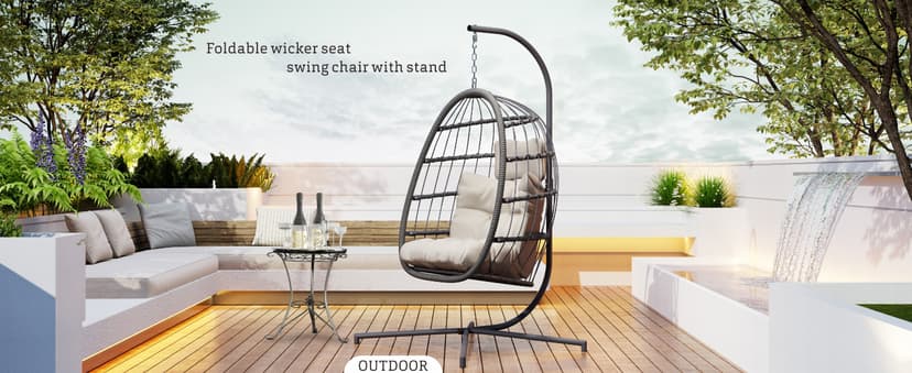 HWB Hanging Egg Chair with Stand, Patio Wicker Hammock Egg Swing Chair with Cushion for Bedroom Garden Indoor Outdoor (Beige)