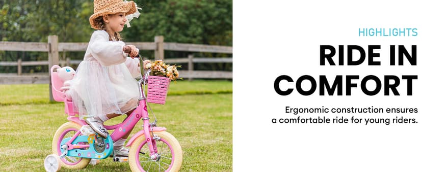 Glerc Maggie Girls Bike, 12-20 Inch Kids Bike for 2-13 Years Old Children, Princess Style Kids Bicycle with Doll-Seat & Basket & Training Wheels, Multiple Colors