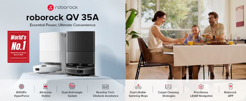 roborock Qrevo Series Robot Vacuum and Mop, 8000Pa Suction, Upgraded from Qrevo S, Anti-Tangle Brushes, Smart Obstacle Avoidance, Auto Mop Washing, All-in-One Dock, 200RPM Spinning Mops, Black(QV 35A)