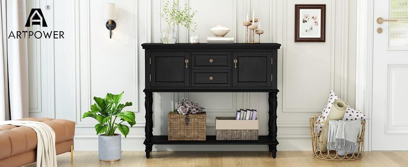 ARTPOWER Console Table with 2 Drawers, Retro Entryway Table with 2 Door Cabinets and Open Storage Shelf, Narrow Long Behind Couch Sofa Table for Living Room, Foyer, Hallway, Black