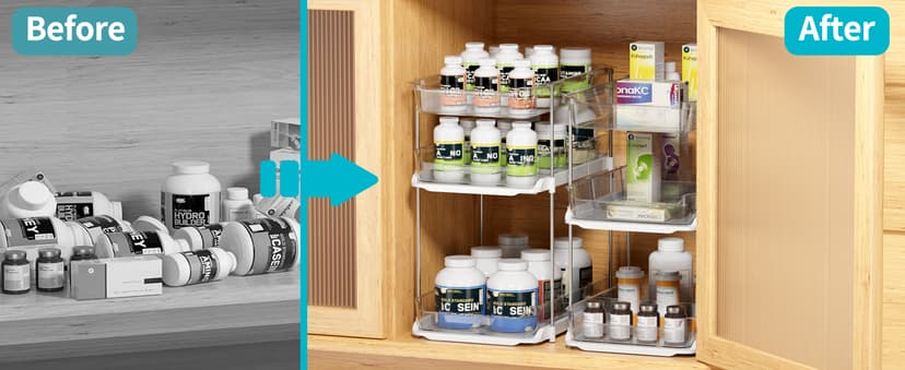 Delamu 2 Sets of 3-Tier Bathroom Under Sink Organizers and Storage, Multi-Purpose Stackable Pantry Organization and Storage, Pull Out Clear Kitchen Bathroom Cabinet Organizer with Movable Dividers