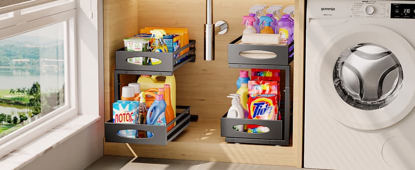 Under Sink Organizer, Pull Out Cabinet Organizers, Slide Sink Steel Shelf Cabinet Storage Shelves, Under Sink Storage for Kitchen Bathroom Cabinet (Black, 2 Pack)