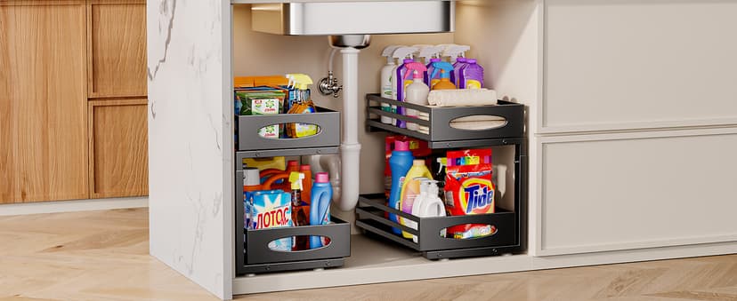 Under Sink Organizer, Pull Out Cabinet Organizers, Slide Sink Steel Shelf Cabinet Storage Shelves, Under Sink Storage for Kitchen Bathroom Cabinet (Black, 2 Pack)