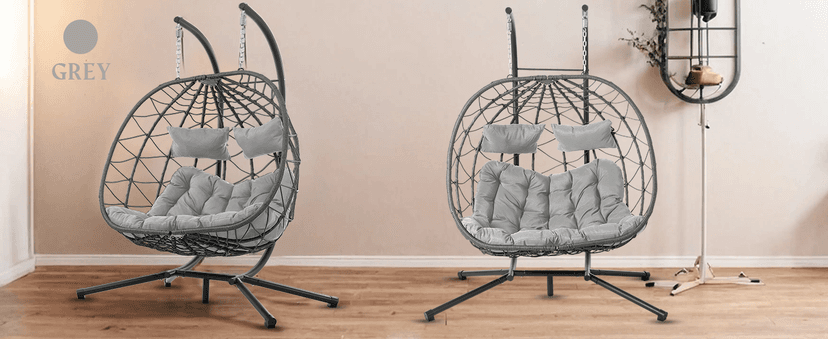 2 Person Double Egg Swing Chair with Stand Indoor Outdoor, Hammock Egg Chair Outdoor, Patio Wicker Hanging Egg Chair w/Cushion 700LBS Capacity for Bedroom, Balcony, Garden, Dark Grey