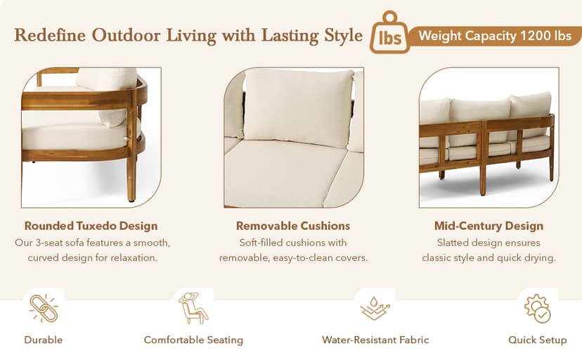 Christopher Knight Home Brooklyn Outdoor 3 Seater Sofa with Cushions - Acacia Wood - Teak/Beige