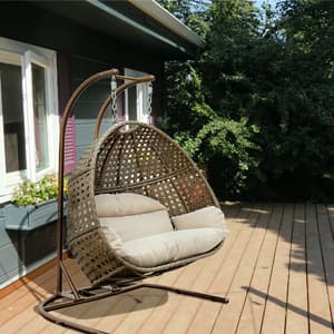 Qwork Double Egg Chair with Stand,2 Person Wicker Rattan Hanging Swing Chair, Hammock Swing Chair UV Resistant Cushion with Stand for Indoor Bedroom Outdoor Garden Backyard