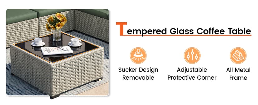 Patio Furniture Set, 7-Piece Outdoor Sectional All-Weather Wicker Patio Conversation Set for Backyard (Green Cushions with Grey Rattan)