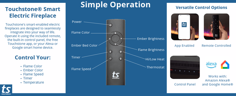 Touchstone Smart Electric Fireplace-The Forte 40" Recessed Mounted-30 Realistic Ember Color/Flame Options-1,500W Heater w/Thermostat-Black-Log & Crystal Hearth Options-Alexa/WiFi Enabled