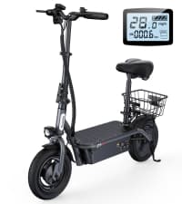 iScooter Electric Scooter with Seat, 37/21 Miles Long Range & 28/19/15.6 MPH Top Speed, 14"/12"/10" Pneumatic Tire, Height Adjustable Seat & Handlebar, Dual Suspensions Commuting Scooter with Basket