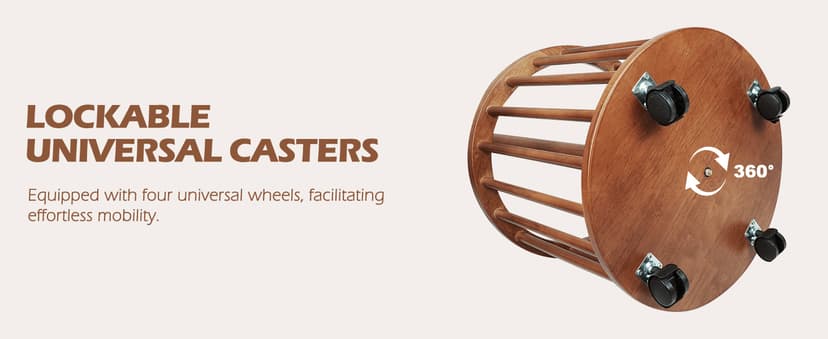 CozyDH Solid Wood Coat Rack Freestanding with Lockable 360° Rotary Casters, Coat Tree Stand with Umbrella Holder & Laundry Basket Storage & 12 Hooks, Walnut