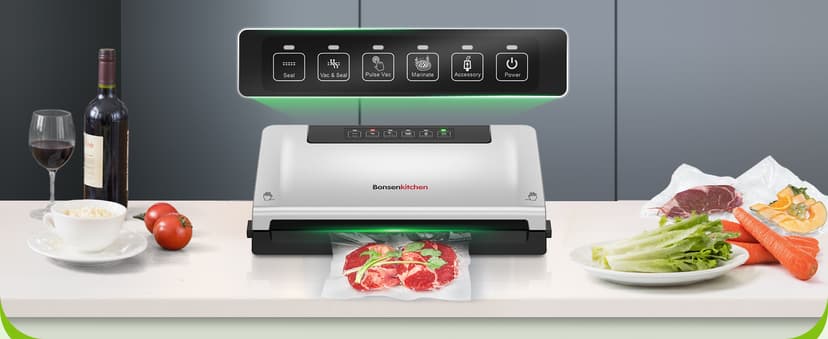 Bonsenkitchen Food Vacuum Sealer Machine with External Vac Function, Built-in Cutter & Bag Storage, 5 Modes for Various Food Types, Includes 10 Bags & 1 Roll (Silver)