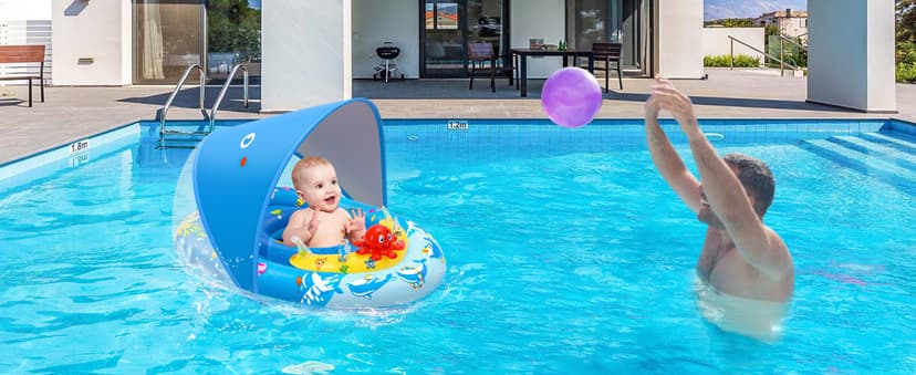 EZIGO Baby Pool Float with Canopy UPF50+ Sun Protection, Inflatable Kids Pool Floats with Ocean Animal Toys for Baby 6-36 Months, Infant Swimming Float with Adjustable Safety Seat for Boys Girls