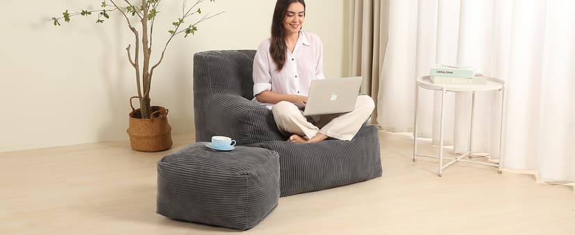 Comfy Gaint Bean Bag Chair with Ottoman, Fluffy Huge Bean Bag Armchair for Adults and Teens, Cream