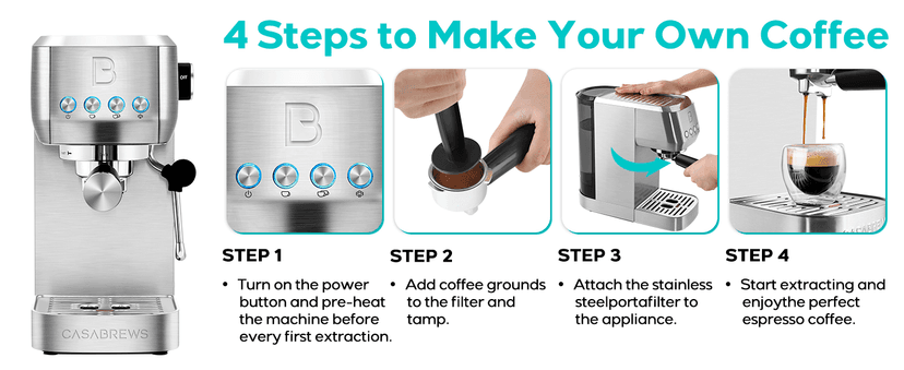 CASABREWS 3700 Essential Espresso Machine 20 Bar, Stainless Steel Cappuccino & Latte Machine with Steam Frother for Home, 43.9oz Water Tank, Silver