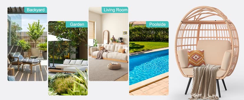 ZENPETIO Oversized Egg Chair, Indoor Outdoor Lounger with 4 UV Resistant Cushions, Storage Bag, All-Weather Wicker Egg Lounger Chair for Patio, Backyard, Living Room, 370lbs Capacity - Brown