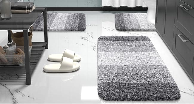 OLANLY Bathroom Rugs Sets 3 Piece, Soft Absorbent Microfiber Bath Mats and U-Shaped Contour Toilet Rug, Plush Shaggy Bath Mat Set for Bathroom (30"x20"+24"x16"+24"x20", Grey)