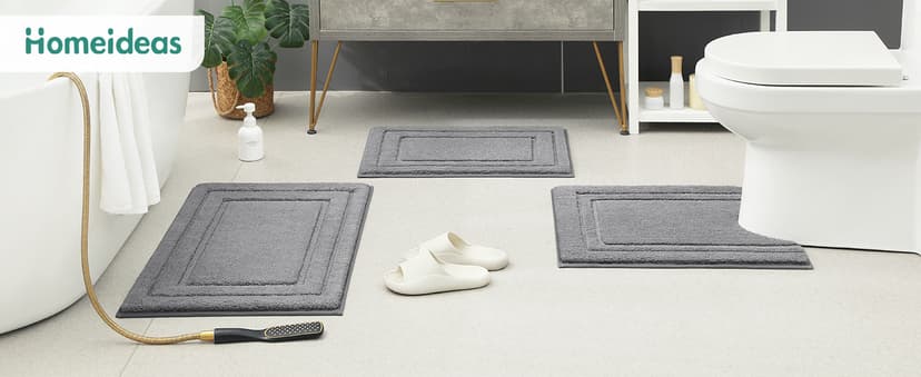 HOMEIDEAS Bathroom Rugs Sets 3 Piece, Super Soft and Absorbent Non Slip Microfiber Toilet Bath Mat with U-Shaped (Grey)