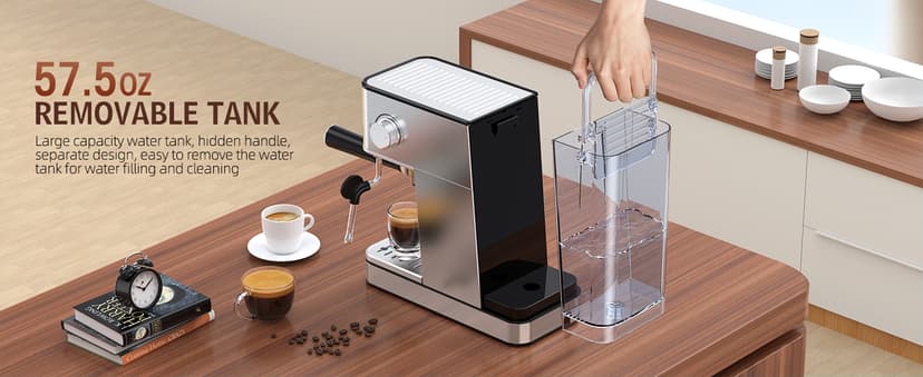 Espresso Machine with Milk Frother, 20 Bar Compact Espresso Maker with Touch Screen & 57.5oz Removable Water Tank for Home, Stainless Steel Coffee Machine for Cappuccino, Latte, Silver(updated)