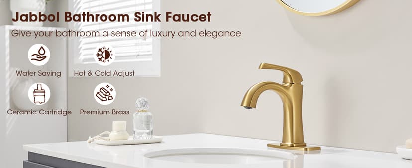 Brushed Gold Single Hole Bathroom Faucets, Single Handle Brass Bathroom Sink Faucet for 1 or 3 Holes, Vanity Faucet with Pop Up Drain and Supply Lines, Deck Plate
