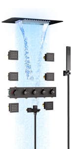 Smart Shower System with Body Jets, Black Shower Head and Handle Set,16" Ceiling Mount Rainfall Waterfall Shower Jets System with Tub Spout,Thermostatic Shower System Bathroom with Music and Led Light