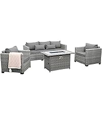 Rattaner 7-Piece Outdoor Furniture Sets Patio Furniture Set with 45-inch Fire Pit Patio Couch Outdoor Chairs 60000 BTU Propane Fire Pit Table with Non-Slip Cushions Waterproof Covers, Light Grey