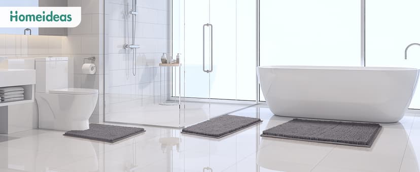 HOMEIDEAS 3 Pieces Bathroom Rugs, Ultra Soft Non Slip Absorbent Chenille Toilet Bath Mat Set (Grey)