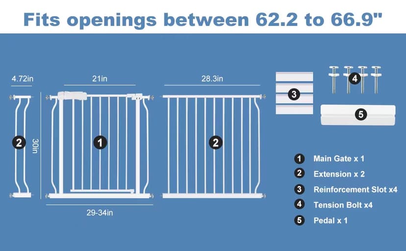 Extra Wide Baby Gate 62.2-66.9 Pressure Mounted,Child Dog Pet Safety Gates with Walk Through Door for Doorways Stairs No Drilling in Door,White
