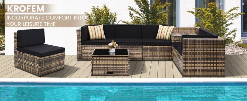 8 Pieces Outdoor Wicker Rattan Patio Furniture Sectional Set, Glass Top Table with Hidden Storage, 7 Sofa Sections, Oversized Cushions, Natural Color Rattan with Black Cushion