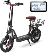 iScooter Electric Scooter with Seat, 37/21 Miles Long Range & 28/19/15.6 MPH Top Speed, 14"/12"/10" Pneumatic Tire, Height Adjustable Seat & Handlebar, Dual Suspensions Commuting Scooter with Basket