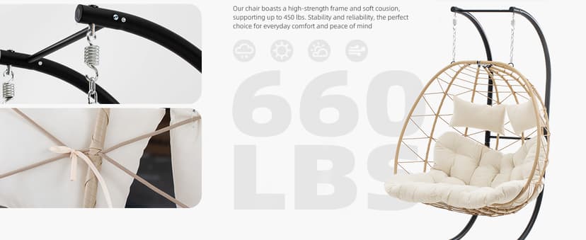 Easyego Double Egg Chair, 2-Person Hammock Chair with Stand, 660LBS Capacity, Thick Padded Cushion, UV Resistant PE Rattan Wicker, Indoor/Outdoor for Garden, Patio, Lawn, Bedroom, Balcony (Beige)