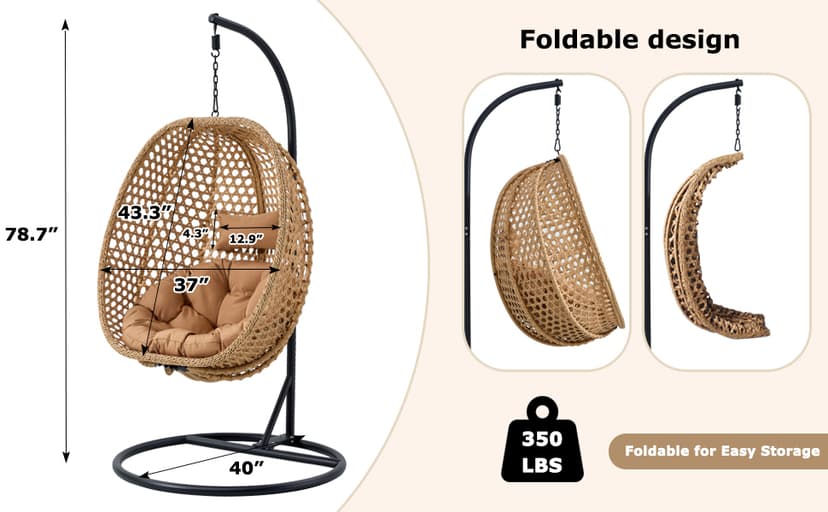Hanging Egg Chair with Stand & Cushions, Outdoor and Indoor Hammock Rattan Swing Chair 350 lbs Capacity with Aluminum Steel Frame for Patio, Balcony, Backyard and Living Spaces (Light Brown)