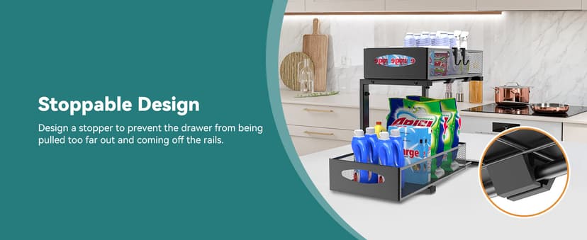 2 Pack Under Sink Organizer, 2 Tier Metal Pull Out Under Sink Storage with Sliding Mesh Drawers, Height Adjustable Slide Out Under Sink Organizer for Kitchen Bathroom Cabinet, Black