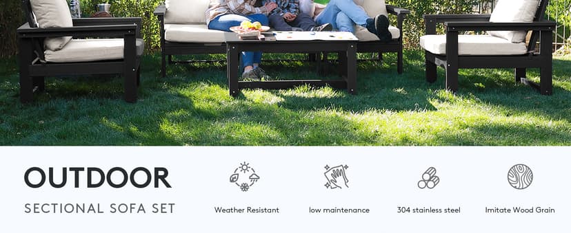 SERWALL HDPE Patio Furniture Set, 7-Piece Outdoor Sectional Sofa Set, All Weather Outdoor Couch Set for Deck, Lawn, Black Frame with Khaki Cushion