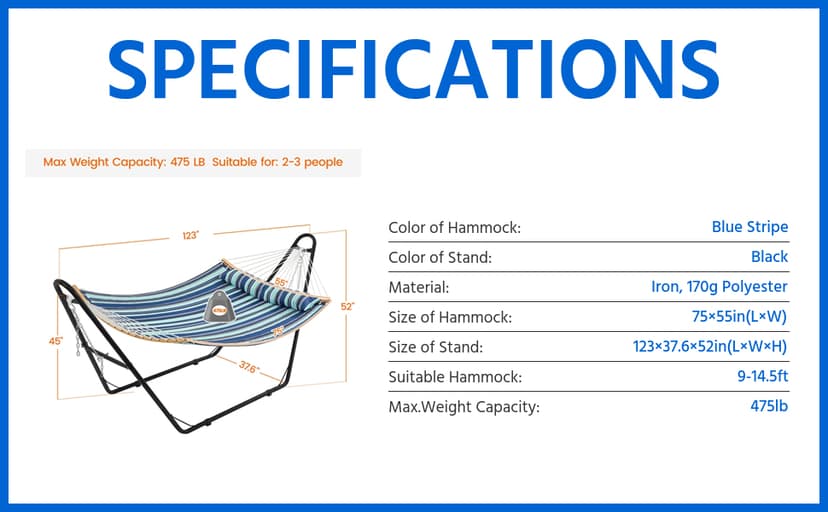 Yaheetech Hammock with Stand Set, Heavy-Duty Steel Hammock Stand for 2-3 People Outdoor, Porch, Patio, Deck and Backyard, Max Weight Capacity 475LB - Blue Stripe