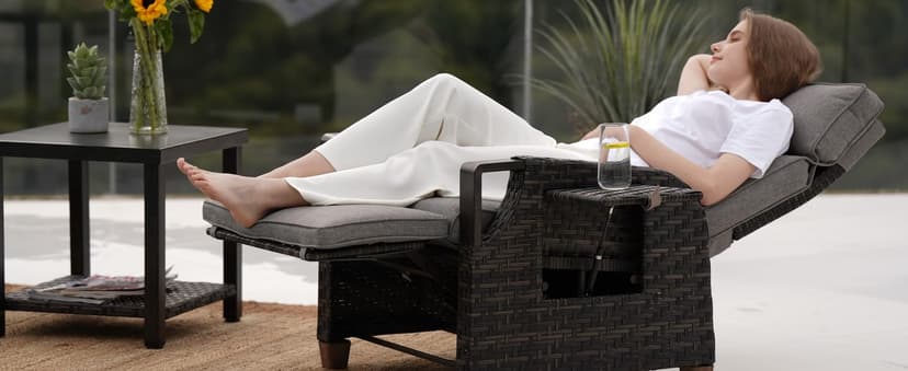 Grand patio Outdoor Recliner with Independent Adjustable Back and Footrest, Air Pump 150° Lay Flat Reclining Chair Removable Olefin Cushion Flip-Up Table Wicker Grey 1PC