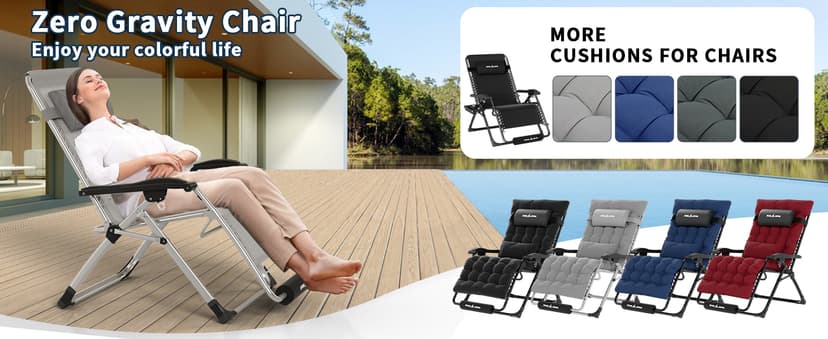 UDPATIO Oversized Zero Gravity Chair 33In XXL Patio Reclining Chair with Cushion, Outdoor Folding Recliner with Pillows|Cup Holder|Foot Rest|Padded Headrest, Black, Support 500LB