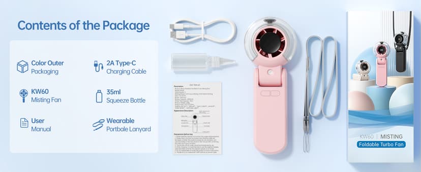 TriPole Misting Fan Portable Handheld Turbo Fan with Mist, LED Display, Neck & Desk Foldable High Speed Airflow Mini Fans, Rechargeable Personal Mister Fans with Water Spray Bottle for Outdoor Travel