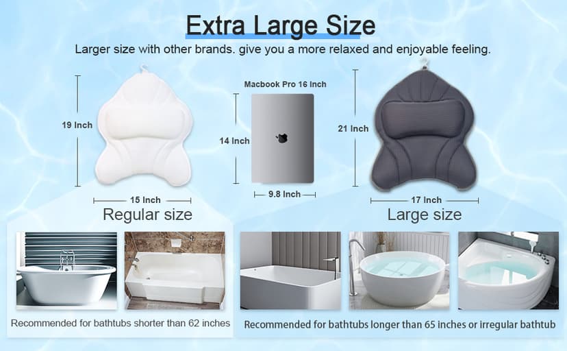 Extra Thick Large Bath Pillow with Neck,Back,Head Support for Bathtub, Spa, Soaking Gray(19''x15'')