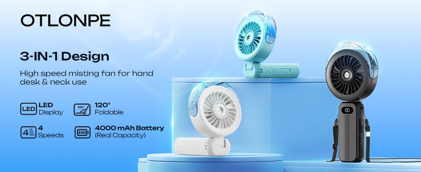 Otlonpe Handheld Misting Fan Portable, Powerful High Speed, Small Personal Rechargeable Cooling Mister Fan Water Spray Mist, 4000mAh Battery Operated for Travel Indoor Outdoor Hand Desk (Black)