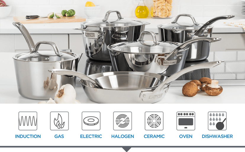 Viking Contemporary 3-Ply Stainless Steel 10 Piece Stainless Steel Kitchen Cookware, Silver