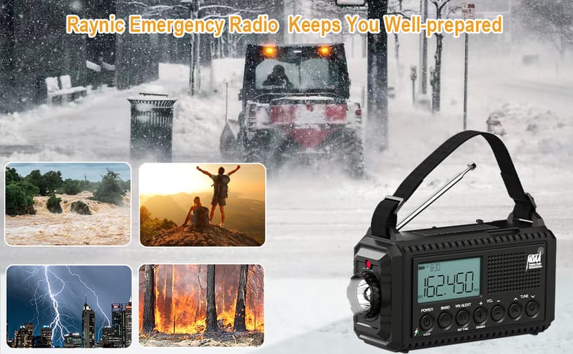 Raynic NOAA Weather Radio, 5000mAh/18500mWh Solar Hand Crank Emergency Radio, Battery Powered Portable Radio with AM/FM/SW/NOAA, Cell Phone Charger, Type-C Charging, Flashlight and SOS Siren
