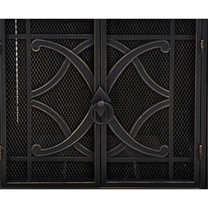 Sunjoy Outdoor Fireplace, Smith Collection Patio Wood Burning Steel Fireplace with Chimney, Spark Screen, Fire Poker, and Removable Grate, Copper with Yellow Tile
