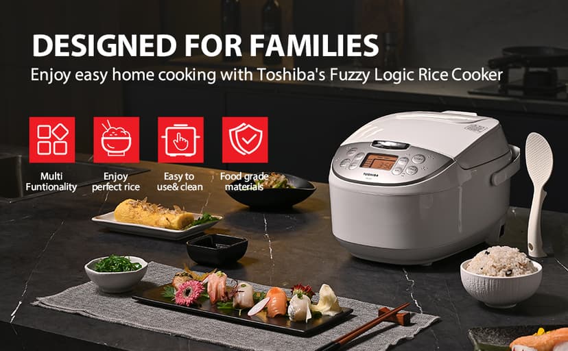 TOSHIBA Rice Cooker 6 Cup Uncooked – Japanese Rice Cooker with Fuzzy Logic Technology, 7 Cooking Functions, Digital Display, 2 Delay Timers and Auto Keep Warm, Non-Stick Inner Pot, White