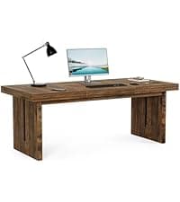 LITTLE TREE 70.8-Inch Office Desk, Wooden Executive Office Desk, Modern Work Desk, Large Farmhouse Writing Table Computer Desk for Home, Brown-Black