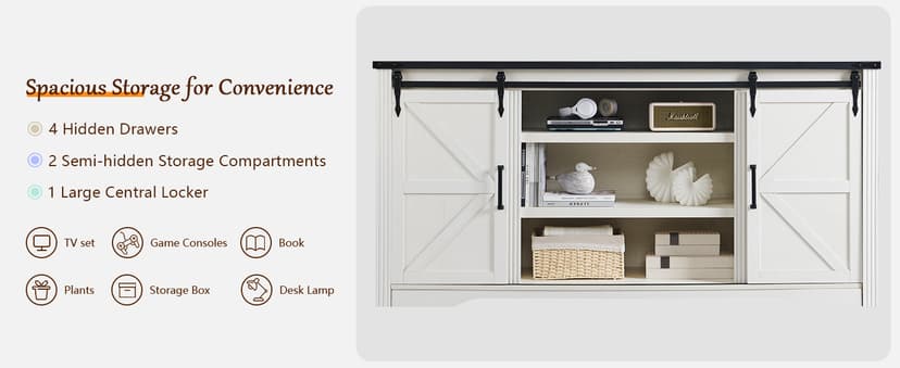 Farmhouse TV Stand for 75+ Inch TV, 32" Tall Entertainment Center w/4 Drawers & Sliding Barn Door, Rustic Media Console w/Storage Shelves, 66" Wood Television Stand for Living Room, Off White