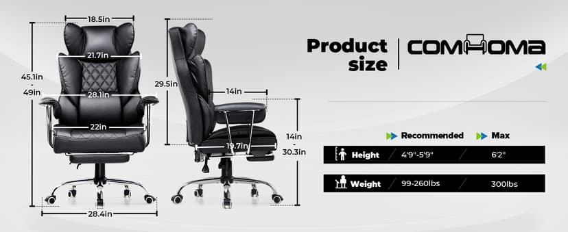 COMHOMA Big and Tall Office Chair, High Back Leather Gaming Chair with Footrest, Executive Ergonomic Office Chair with Pocket Spring Lumbar Support and with Outward Fixed Soft Armrests